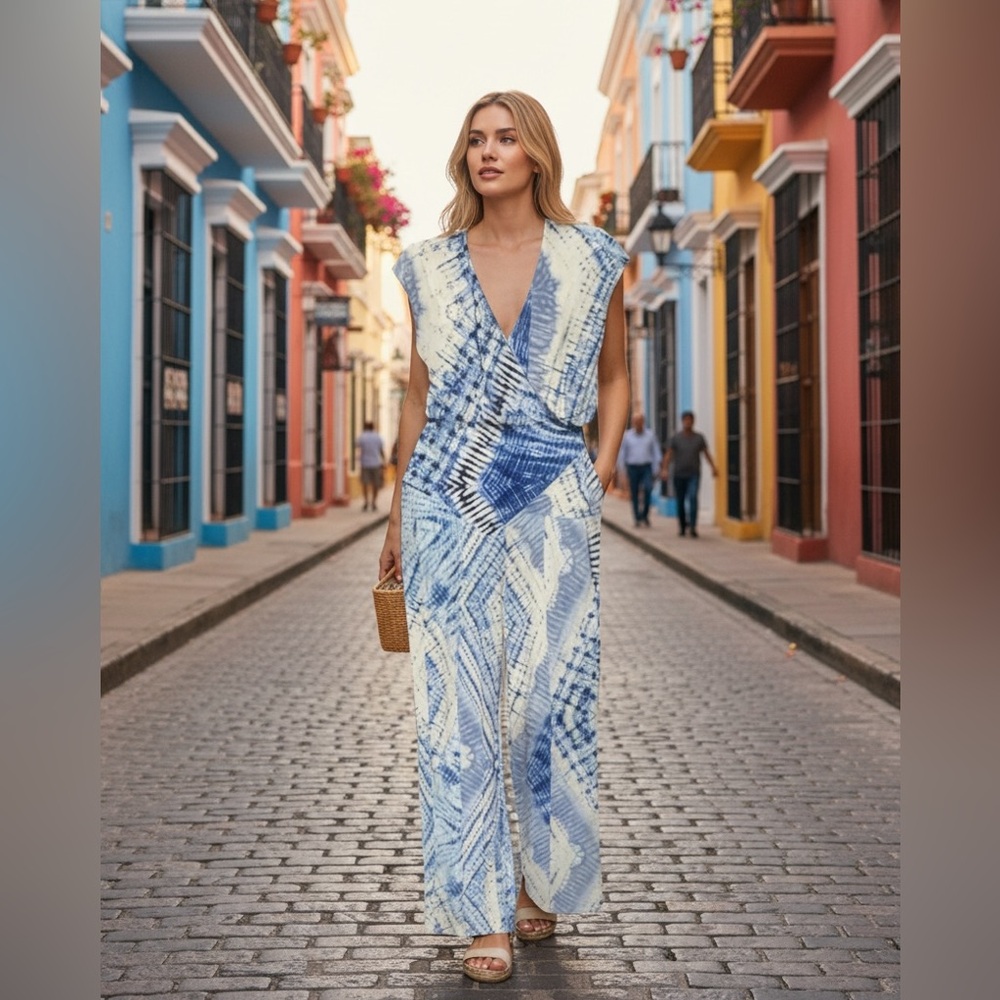 CLARA SUN WOO 2 PIECE BLUE & WHITE TROPICAL VACATION RESORT TIE DYE SET (XS)